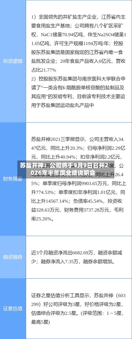 苏盐井神：公司将于9月9日召开2026年半年度业绩说明会